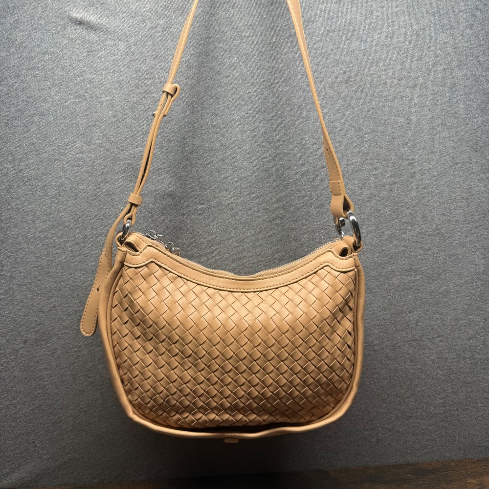 Woven Faux Leather Shoulder Bag Tan Small Hobo Purse Adjustable Strap